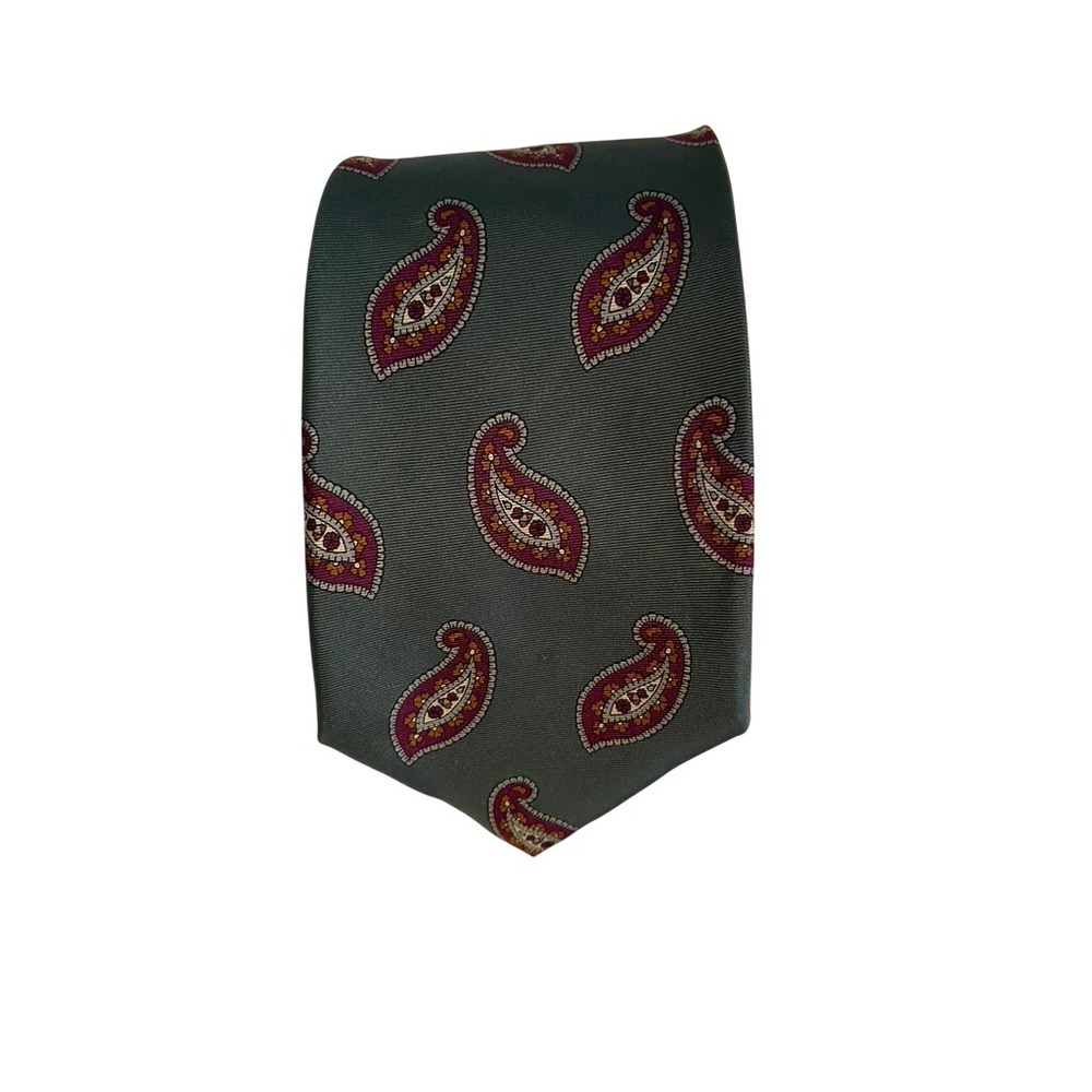 J.G. Hook Mens Silk Paisley Tie Sage Green Burgundy Made in USA Vintage Classic